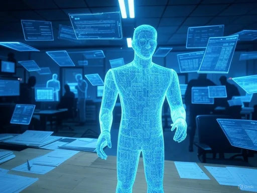 A holographic human figure is displayed in a high-tech control room filled with floating digital screens.