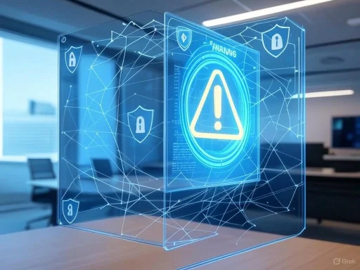 A digital warning alert with a caution sign and security shields representing cybersecurity or data protection. A digital warning alert with a caution sign and security shields representing cybersecurity or data protection.