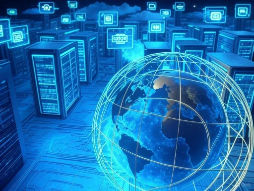 Digital globe surrounded by servers, representing global data and cloud computing technology.