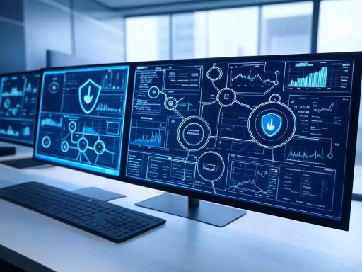 A row of multiple computer monitors displaying cybersecurity and data analytics dashboards in a modern office. A row of multiple computer monitors displaying cybersecurity and data analytics dashboards in a modern office.