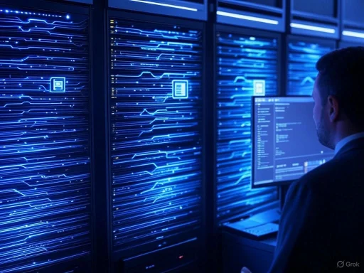 A technician monitors data streams on a computer in a high-tech server room with glowing blue lights.