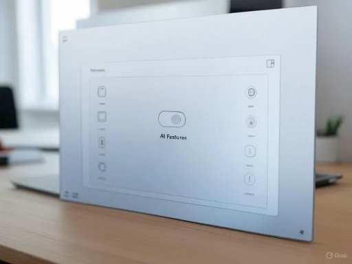 A sleek touchscreen device displaying AI features options on a wooden desk.