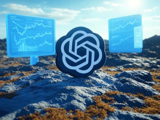 AI-generated image of interconnected data symbols over a rocky landscape with floating financial graphs in the background.
