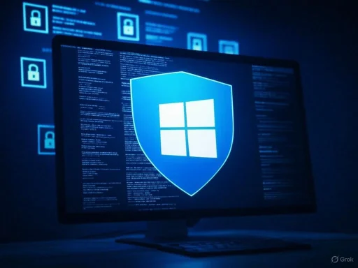 A computer screen displaying a blue shield with a Windows logo, surrounded by digital security icons.