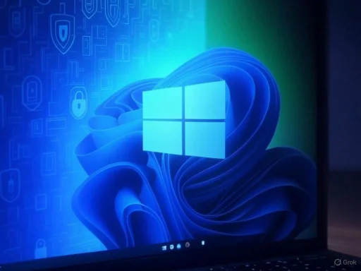 A computer screen displaying the Windows logo with a digital background of security icons. A computer screen displaying the Windows logo with a digital background of security icons.