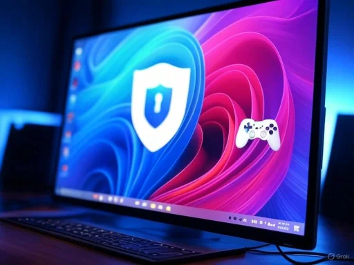 A computer screen displays security software and gaming icons against a vibrant, colorful background.