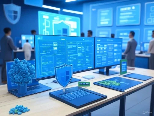 A high-tech cybersecurity control room with multiple monitors, digital shields, and professionals monitoring security systems.
