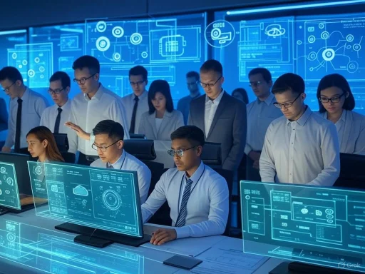 A team of professionals analyzing data on advanced holographic computer screens in a high-tech control room.