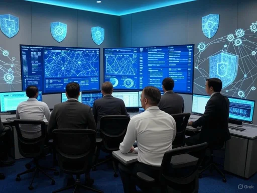 Team of professionals analyzing cybersecurity data on multiple digital screens in a high-tech control room.
