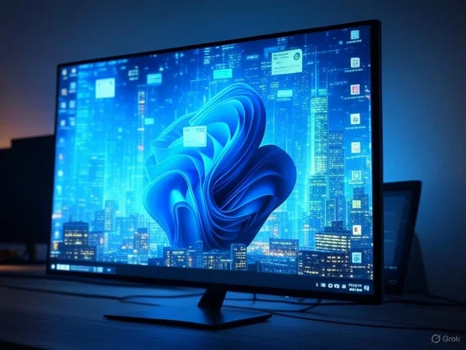 A widescreen monitor displays a futuristic cityscape with floating digital files and glowing blue data streams.
