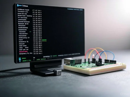 A computer monitor displays code, connected to a microcontroller with colored wires on a breadboard.