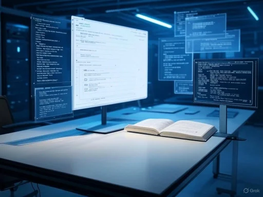 A workspace with multiple digital screens displaying code and documents, illuminated by blue lighting in a high-tech environment.