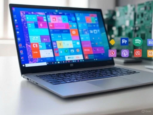 A laptop displaying a colorful tile-based interface, with various app icons floating nearby on a clean desk.