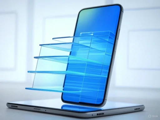 A modern smartphone with transparent layered elements emerging from the screen.