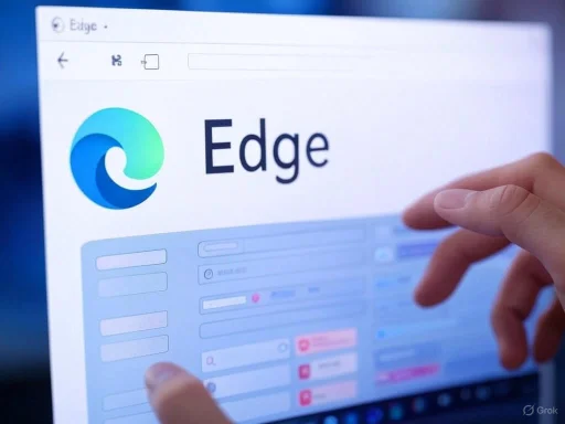 A person interacting with a computer screen displaying the Microsoft Edge browser logo and interface.