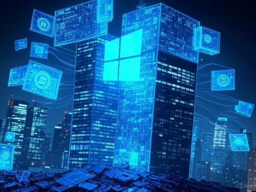 A futuristic cityscape with a building displaying a glowing Windows logo and holographic digital interfaces at night.