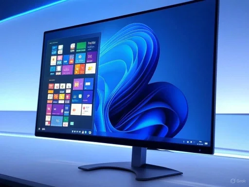 A sleek, modern computer monitor displaying a colorful desktop with Windows 11 interface.