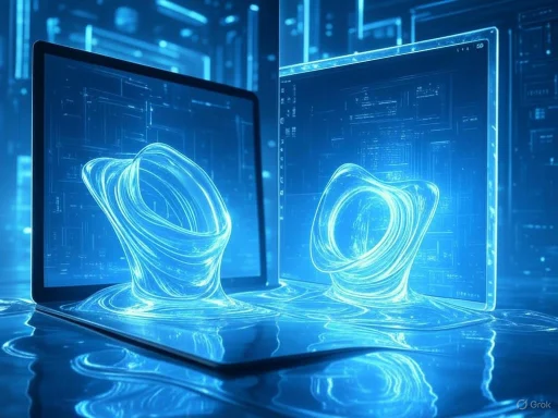 Two digital screens display glowing, abstract holographic orbits in a futuristic, high-tech environment.