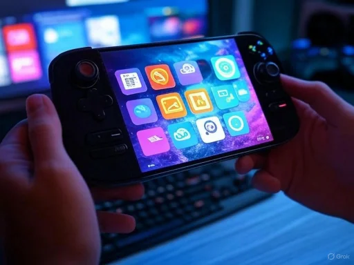 A person holds a handheld gaming console with a colorful app interface, with a blurred computer screen in the background.