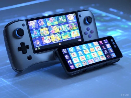 A handheld gaming console displays colorful game icons, with a larger device behind showing a grid of game thumbnails.