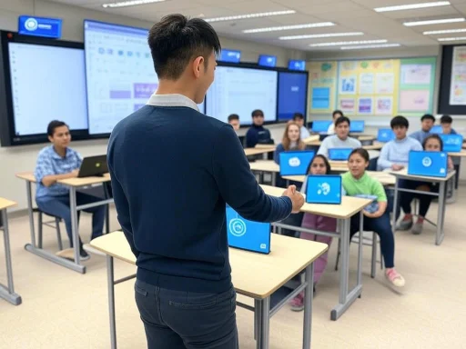 A teacher instructs students in a computer classroom with digital screens and tablets, focusing on technology-based learning.