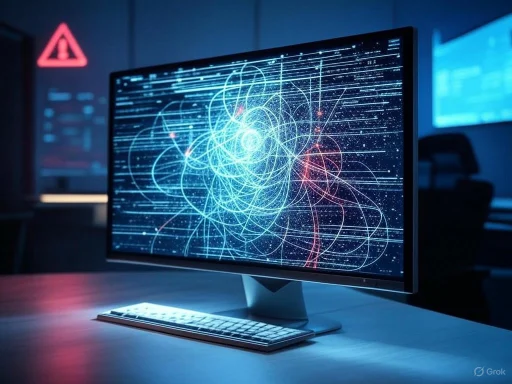 A computer monitor displays complex, colorful data visualization with swirling lines and particles in a high-tech environment.