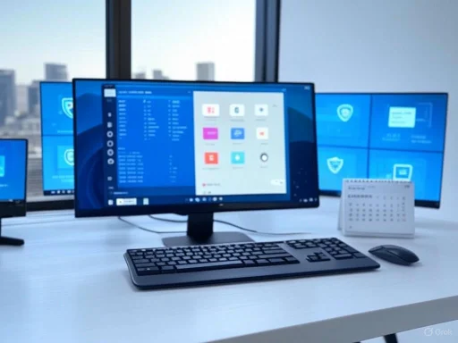 A modern office workstation with a desktop computer, multiple screens, a keyboard, mouse, and a calendar, with cityscape view outside.