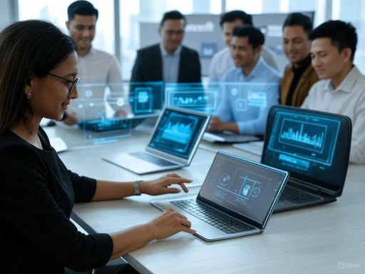 A woman presents data on a laptop to a group of colleagues in a modern office setting.