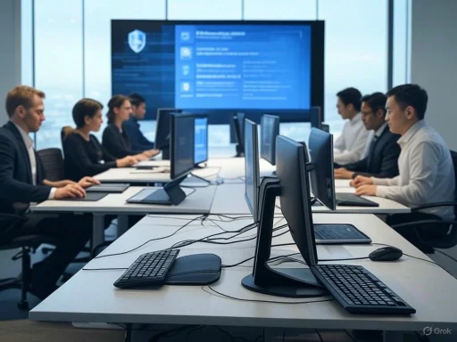 A diverse group of professionals collaborates in a modern conference room with multiple monitors and a large screen display.