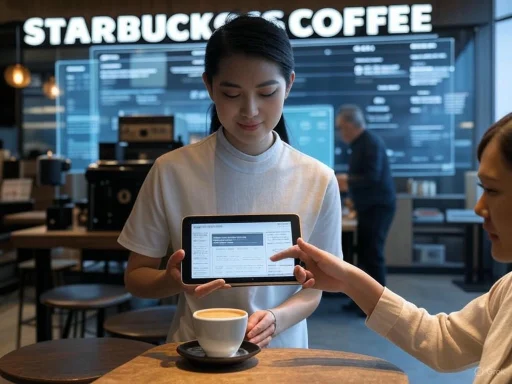 A barista showing a digital receipt to a customer at a Starbucks coffee shop.