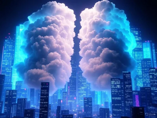 Futuristic cityscape with clouds shaped like lungs illuminated by neon blue lights.