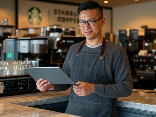 A barista at Starbucks holding a tablet, standing behind the counter in a coffee shop.