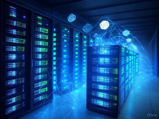 Data servers illuminated in blue with floating neural network icons and digital connections in a high-tech data center.