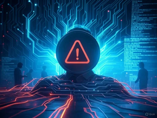 A digital illustration of a humanoid figure with a warning sign on its face, surrounded by circuit lines and technological data.