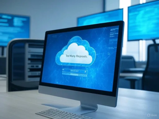 A computer screen displays a cloud storage login page with the text 'Tee Many Beepsets' in a modern office setting. A computer screen displays a cloud storage login page with the text 'Tee Many Beepsets' in a modern office setting.