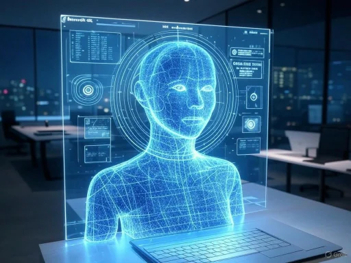 A holographic digital human face analysis displayed on a futuristic computer screen in a high-tech office setting.