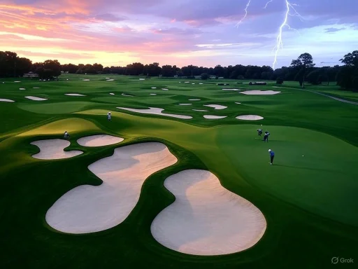 Lightning strikes over a lush golf course at sunset as golfers play on the green fairway.
