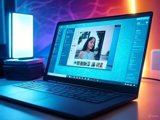 A laptop displays photo editing software with a portrait of a woman outdoors, surrounded by colorful ambient lighting.