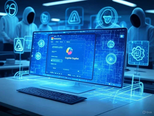 Digital hologram-like display showing a login screen with AI and security icons in a high-tech, futuristic lab.