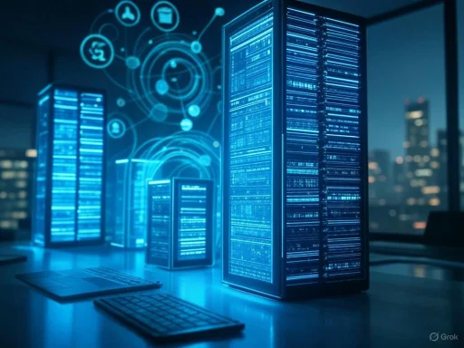 Futuristic data servers and digital icons in a high-tech office environment at night.