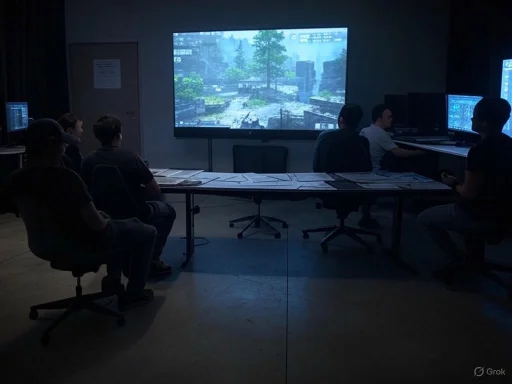 People in a dark room are watching a video game on a large screen with four monitors on the side.