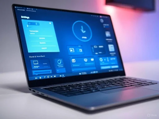 A sleek laptop with a dark screen displaying a digital dashboard or user interface.