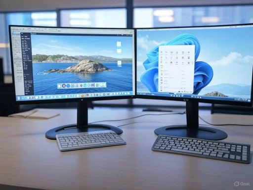 Dual-monitor setup on a desk displaying desktop backgrounds of nature scenes and Windows interface.