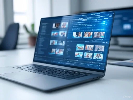 A laptop displaying a video editing software with multiple video clips and editing tools on the screen. A laptop displaying a video editing software with multiple video clips and editing tools on the screen.
