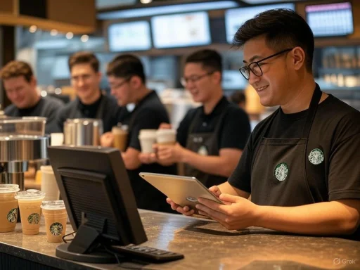 Baristas wearing black aprons smile while taking orders at a Starbucks counter with coffee cups in the foreground.