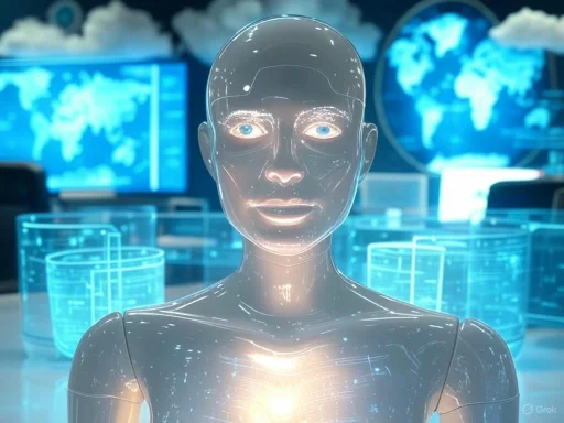 A humanoid robot with a glowing, futuristic appearance in a high-tech control room background.