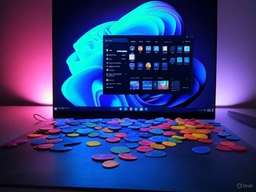 A computer monitor displays a colorful background with coins scattered across the desk in front.