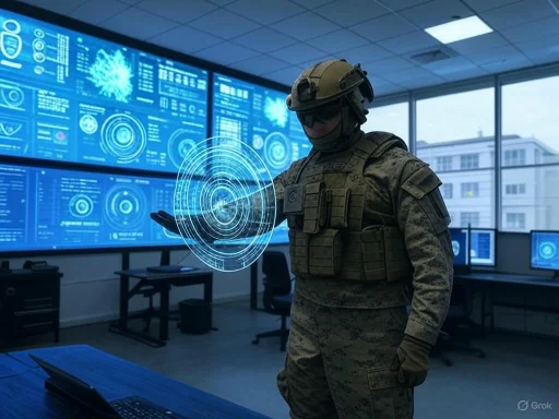 A soldier in tactical gear interacts with a holographic digital interface in a high-tech operations room.