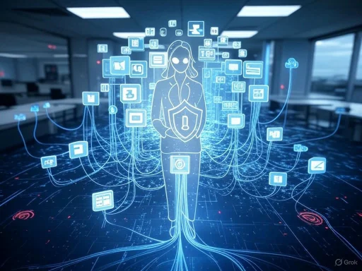 A digital illustration of a person with a shield and a mask, surrounded by interconnected app icons in a futuristic office setting. A digital illustration of a person with a shield and a mask, surrounded by interconnected app icons in a futuristic office setting.