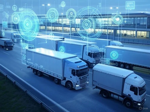 Autonomous trucks with digital interface overlays operating at a modern logistics hub. Autonomous trucks with digital interface overlays operating at a modern logistics hub.